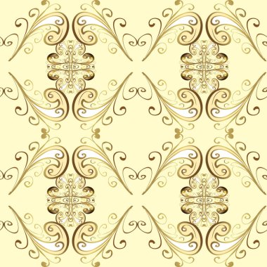 Vektör doğu süsü. Kahverengi, sarı ve bej renklerde altın desenli altın elementler. Geleneksel klasik altın desen. Barok tarzında kusursuz bir doğulu süsü..