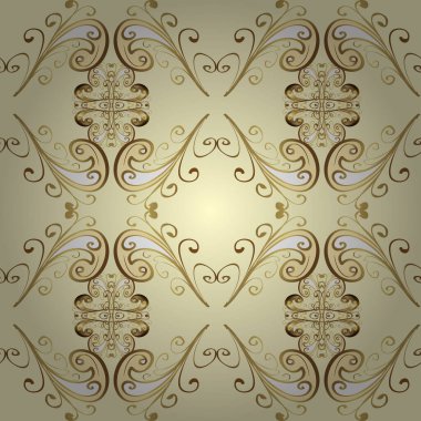 Kahverengi, bej ve sarı renklerde altın elementlerle klasik, pürüzsüz desen. Noel 2019, kar tanesi, yeni yıl.