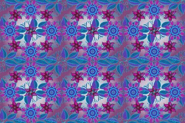 Şablon. Mavi, nötr ve mor renkte yaz çiçekleri. Küçük çiçekte sevimli çiçek deseni var..