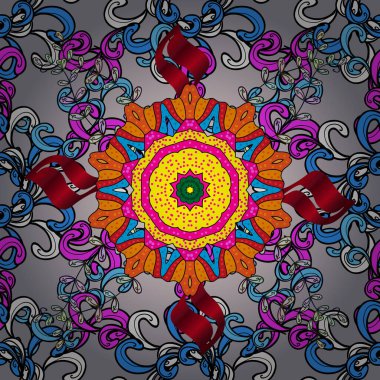 Parlak renkli çiçekleri ve mavi, gri ve siyah renkte yaprakları olan şaşırtıcı, pürüzsüz çiçek deseni. Moda baskıları için zarif bir şablon. Modern çiçek arkaplanı. Halk stili.