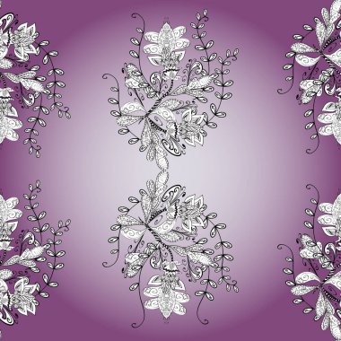 Mor, beyaz ve nötr renkte çiçekler. Asya tekstil tarzında. Kusursuz çiçek deseni. Vektör çizimi. Vektör illüstrasyonu.