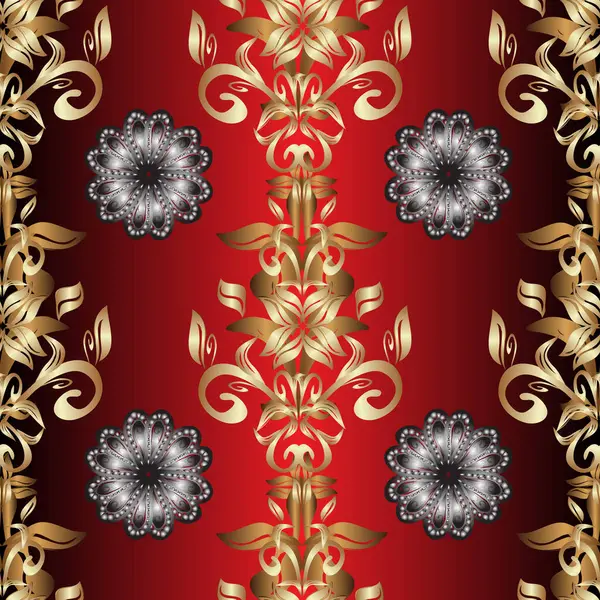 Golden pattern. Seamless golden textured curls. Golden pattern on red, brown and beige colors with with white doodles. Oriental style arabesques.