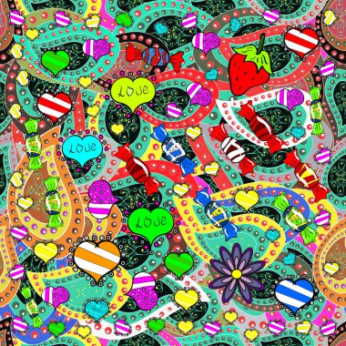 Kusursuz bir arka plan modeli. Yapraklı çiçekler ve kır çiçekli papatya çiçekleri, yeşil ve mavi renkler. - Stok.