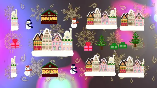 珍しいクリスマスイラストポストカード ラスター 魔法の森と丘のクリスマスのクリスマス 中立と茶色の色で装飾された驚くべき装飾された家 — ストック写真