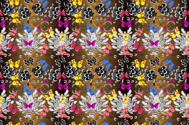 Kusursuz desen. Kahverengi, siyah ve beyaz arka planda suluboya kelebekler. Web sayfası arkaplanları, duvar kağıtları, tekstil, yüzey dokuları için mükemmel.