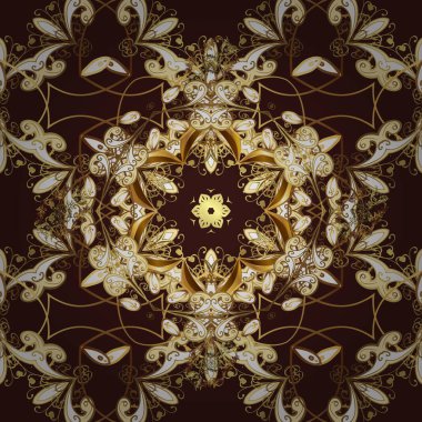 Sarı, bej ve kahverengi renklerde altın antika ortaçağ dekoratifi, yaprakları ve altın desenli süslemeleri olan vektörsüz desen. Kusursuz kraliyet lüksü, altın barok kumaş rengi..