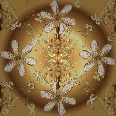 Düz elle çizilmiş klasik koleksiyon. Altın desenli sarı, bej ve kahverengi, altın elementli. Vektör altın pürüzsüz desen. Arkaplan, kumaş, altın duvar kağıdı.