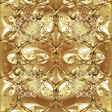 Klasik barok çiçekli, bej, sarı ve kahverengi üzerine altın desenli. Süslü dekorasyon. Bej, sarı ve kahverengi renklerde altın element. Lüks, kraliyet ve Viktorya dönemi konsepti.