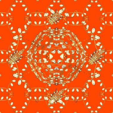 Geleneksel vektör ve altın desen. Klasik oryantal desen turuncu, kahverengi ve sarı renkler üzerinde. Damask pürüzsüz süsü.