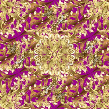 Vektör çizimi. Süslü dekorasyon. Damask altın soyut çiçek kahverengi, sarı ve mor renklerde pürüzsüz desen.
