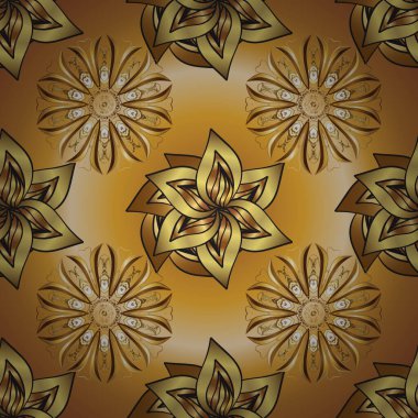 Seamless classic golden pattern. Golden pattern on beige, brown and yellow colors with golden elements. Vector traditional orient ornament.