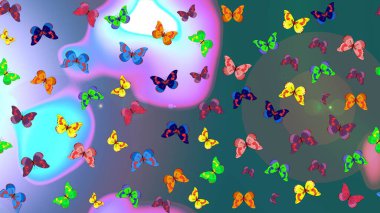Cute trend butterflies. Raster traditional folk nice decor on green, neutral and blue background for clothing design. clipart