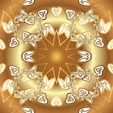 Soyut duvar kâğıdı, ambalaj dekorasyonu. Kış sembolü, Mutlu Noeller, Mutlu yıllar 2019. Beyaz, kahverengi ve bej renklerde altın desen. Altın kar taneleri basit, pürüzsüz desen.