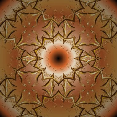 Süslü dantel iz sürücü. Klasik tasarım öğesi. Çiçek süsüsüyle kusursuz desenli vektör. Geleneksel Arap dekoru bej, turuncu ve kahverengi renklerde. Duvar kağıdı için altın süslü illüstrasyon.
