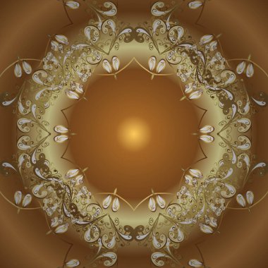 Arkaplan, kumaş, altın duvar kağıdı. Düz elle çizilmiş klasik koleksiyon. Vektör altın pürüzsüz desen. Kahverengi, turuncu ve bej renklerde altın desenli altın elementler.