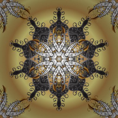 Mandala vektörü çiçekli doğuya özgü boyama kitabı sayfası şablon halısı. Çiçeklerle kusursuz desen. Gri, bej ve sarı renkler.