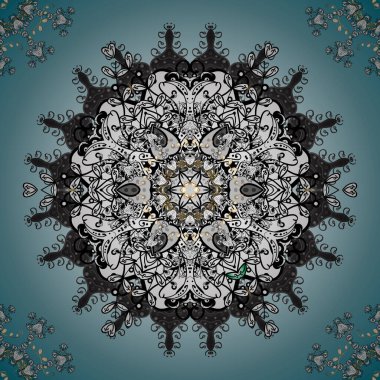 Kaleydoskop, madalyon, yoga, Hindistan, Arapça. Kabile, Boho, Bohem tarzı. Geometrik çember vektör elemanı. Süslü beyaz, gri ve mavi renkli mandala.