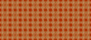 Geometrik motifli basit, pürüzsüz bir Noel deseni. Turuncu ve kahverengi renkli elementler. Retro tekstil koleksiyonu. Farklı süslemeli kar taneleri. Raster illüstrasyonu.
