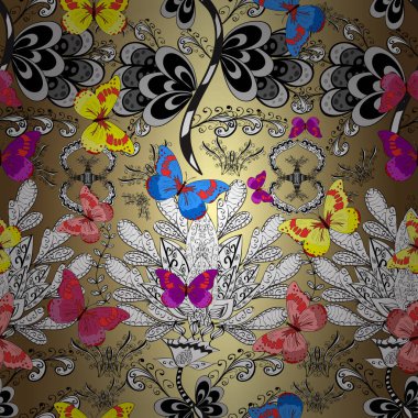 Siyah, gri ve beyaz arka plandaki suluboya kelebeklerin. Fantezi sevimli illüstrasyon. Erkekler, kızlar, elbiseler, duvar kağıtları için soyut, pürüzsüz desen. Vektör illüstrasyonu.