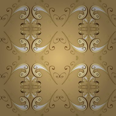 Kusursuz desenli oryantal süs. İslam tasarımı. Kahverengi, bej ve sarı renklerdeki altın desenli altın elementler. Çiçek kiremitleri. Vektör altın tekstil baskısı.