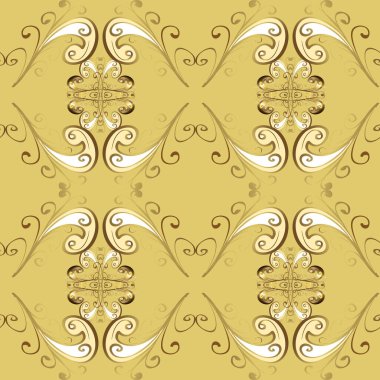 Vektör altın pürüzsüz desen. Arkaplan, kumaş, altın duvar kağıdı. Düz elle çizilmiş klasik koleksiyon. Tarafsız, bej ve sarı renklerde altın desenli altın elementler.