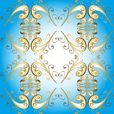 Barok tarzında altın çiçekli süs. Doku arka planında altın duvar kâğıdı. Damask kusursuz yinelenen arkaplan. Altın element beyaz, mavi ve siyah renklerde.