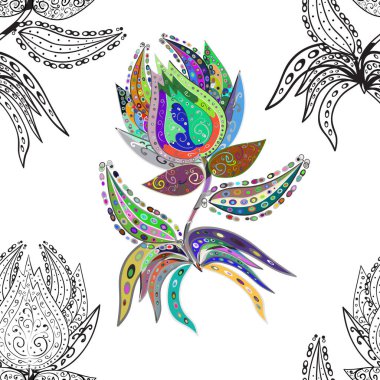 Çiçekler, dallar, bitkiler ve çiçekler. El çizimi. Güzel kumaş deseni.