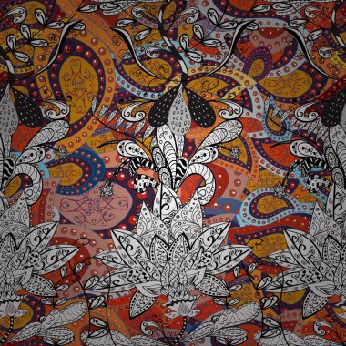 Çiçekli karalama şeklinde vektör deseni. Beyaz, siyah ve gri renkte çiçekler. Nazik, narin çiçek arkaplanı.