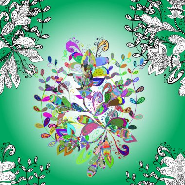 Yeşil, mavi ve nötr renklerde parlak çiçekli halı deseni.