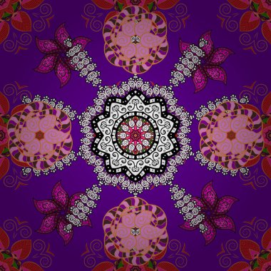 Renkli Bahar Temalı Kusursuz Arkaplan. Turuncu, mor ve beyaz renkte çiçekler. Düz Çiçek Elementleri Tasarımı. Şirin çiçek vektör deseni.