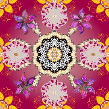 El çizimi çiçek unsurları olan soyut, pürüzsüz vektör deseni. Pembe, nötr ve mor pembe üzerine mor. Retro tekstil tasarım koleksiyonu. 1950-1960 motifleri. Çiçekli ipek eşarp..