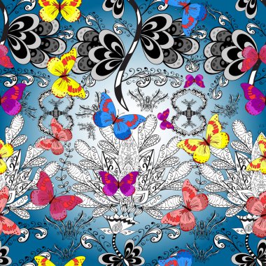 Vektör. Kumaş, tekstil, baskı ve davetiye örnekleri. Kelebek deseni. Mavi, beyaz ve gri arkaplan üzerine bir resim. Kusursuz..