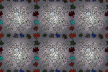 Renkli Bahar Temalı Kusursuz Arkaplan. Raster Modaya uygun kumaş deseni. Düz Çiçek Elementleri Tasarımı. Tarafsız, siyah ve gri renkli şirin çiçek deseni.