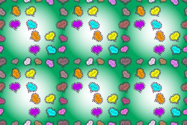 Arka planda elle çizilmiş semboller var. Yeşil, nötr ve mavi renkler üzerine çizim tarzı. Kalpli kusursuz desen. Paket, dekor, yüzey, kartlar, arka planlar, tekstil, baskı için şablon.