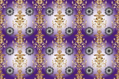 Altın çiçekli duvar kağıdı. Altın menekşe, nötr ve bej çiçekli süs, barok tarzında. Mor, nötr ve bej renklerde altın element. Damask arkaplanı. Desen.