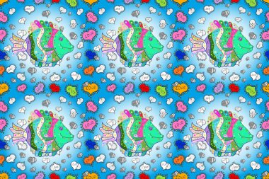 Renkli suluboya balıklarla kusursuz bir desen. Renkli arka planda okyanus balığı. Deniz hayatı. El yapımı suluboya elementler.