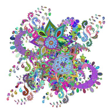 Şablon. Karalama çiçekleri çizim kalıbı. Yeşil, beyaz ve mavi el çizimi desen. Sanat ilham verici, beyaz ve mavi renkli çiçekler ve yapraklar.