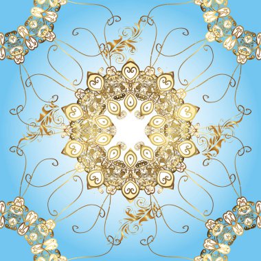 Vektör çizimi. Altın elementli mavi, nötr ve kahverengi renklerde klasik, pürüzsüz desen.