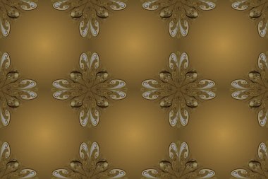 Raster illüstrasyonu. Kusursuz altın desenli bukleler. Doğu tarzı arabesk. Kahverengi, sarı ve bej rengi, altın elementlerle. Raster altın desen.