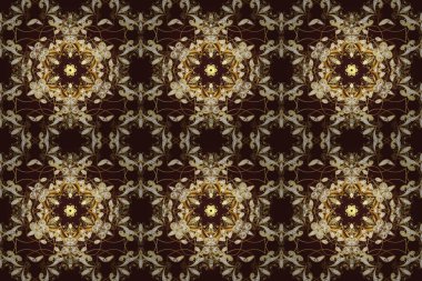 Sarı, bej ve kahverengi renklerde altın antika ortaçağ dekoratifi, yaprakları ve altın desenli süslemeleri olan pürüzsüz bir desen. Kusursuz kraliyet lüksü, altın barok kumaş rengi..