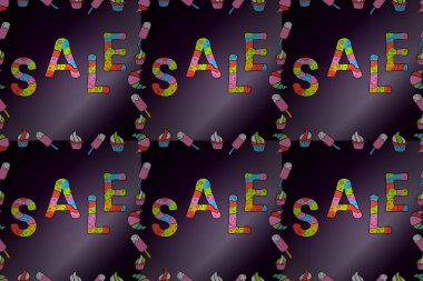 Basit yamalar, poster, pop sanatında rozetler. Satış afişi şablonu tasarımı. Mektup. Kusursuz desen. Siyah, nötr ve mor renkli bir resim. Raster illüstrasyonu.