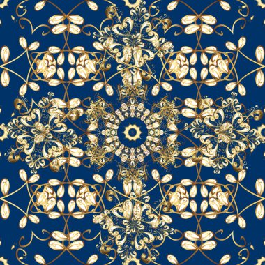 Şam, tasarım için kusursuz desen. Altın elementlerle mavi, kahverengi ve sarı renklerde kusursuz desen.