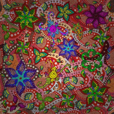 Vektör çizimi. El çizimi. Çiçekli, yapraklı, çiçeksiz çiçek desenli..