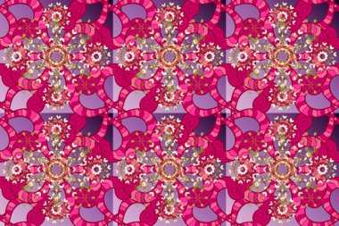 Doğu tarzı element. Davetiyeler, kartlar, web sayfası için Raster illüstrasyon. Çizgi sanatı tasarım şablonu için kusursuz sınır. Mor, kırmızı ve mor renkte altın bir element. Altın çizgili çiçek dekoru