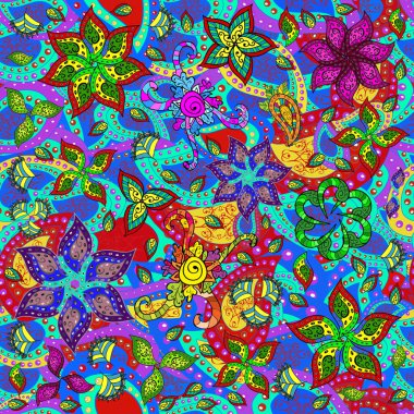 Hediye ambalaj kağıdı, tebrik kartları, posterler ve pankart tasarımı. Düz çiçekler pürüzsüz desen. Mavi, yeşil ve kırmızı renkte çiçekler.