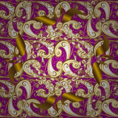 Damask kusursuz yinelenen arkaplan. Doku arka planında altın duvar kâğıdı. Mor, kahverengi ve bej renklerde altın element. Barok tarzında altın çiçekli süs..