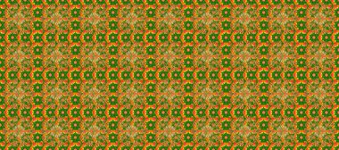 Hassas altın deseni açın. Raster. Altın kıvrımlı kumaş. Doğu tarzı arabesk. Yeşil, turuncu ve kahverengi desenli, altın elementli. Parlak dantel, stilize çiçekler, şal desenli.