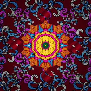 Kusursuz bir arka plan modeli. Vektör - stok. Yapraklı çiçekler ve papatya çiçekli kırmızı, siyah ve mavi renkler.