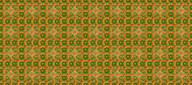 Hassas altın deseni açın. Raster. Altın kıvrımlı kumaş. Doğu tarzı arabesk. Yeşil, turuncu ve kahverengi desenli, altın elementli. Parlak dantel, stilize çiçekler, şal desenli.