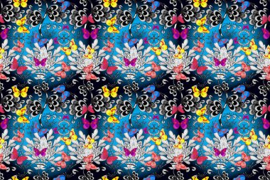 Siyah, mavi ve beyaz kelebek desenleri. Giysi tasarımı için dekor arka planı. Parmak izi dokuları için sevimli kelebek deseni.